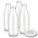 Geniess-Bar! 4 Milchflaschen 1L mit Deckel & Ersatzdeckel 1 Liter Glasflaschen erhältlich...