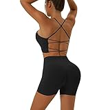 Vertvie Damen 2 Teilig Sportanzug Gerippt Sport BH mit Kreuzgurt & Hoch Taille Sportshorts...