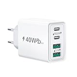 USB C Ladegerät, 40W 4-Port Stecker USB Mehrfach Ladegerät mit USB-C und USB-A,...