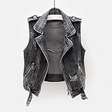 Damen Jeansweste-Punk Schwarz Zerrissene Gewaschene Jeans Weste Jeans Gielt...