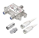 2-Fach Verteiler Adapter Kabel Antennen TV Radio F-Stecker SAT Splitter Metall...