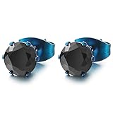 6MM Schwarz Zirkonia, Herren Damen Blau Ohr-Stecker Gestüt Ohrringe, Edelstahl, 1 Paar