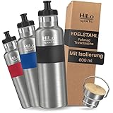 HiLo sports isolierte Trinkflasche Fahrrad Edelstahl 600ml - [Hält 12h warm & 24h kalt]...