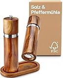 Salz und Pfeffermühle aus Akazienholz mit Untersetzer - Nachhaltiges FSC® Holz -...