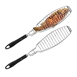 Relaxdays Fischbräter 2er Set, Edelstahl, Gummigriff, 58,5 cm lang, Fischhalter zum...