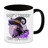 Hexen Kaffeebecher in schwarz mit Spruch- Don't worry be witchy zauberhafte Tasse für...