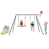 GOPLUS 4-in-1 Kinderschaukel Set, Metall-Schaukel-Set mit Rutsche Basketballkorb,...