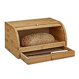 Relaxdays Rollbrotkasten mit Schublade, Bambus, aromadicht, Brotkasten mit Rolldeckel,...