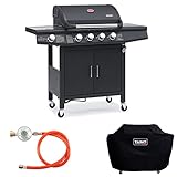 TAINO RED 4+1 Grillwagen BBQ Edelstahl-Brenner Gasgrill schwarz inkl. Zubehör Abdeckplane...