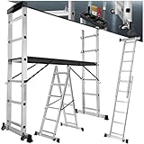TecTake Gerüst, Leiter 4 in 1, mobile Mehrzweckleiter, Arbeitsbühne, Baugerüst, Alu...