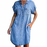 Lmitation Denim-Kleid für Damen Lässige Kurzarm-Knöpfe mit geknöpftem Babydoll-Hemd...