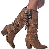 Minetom Langschaft Stiefel Damen Stiefeletten Wildleder Quaste Zipper Bootie Herbst Winter...