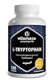 L-Tryptophan hochdosiert, vegan, 500 mg Pulver pro Kapsel, 180 Kapseln für 6 Monate,...