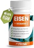 Eisentabletten 180x mit 40 mg Eisen + Vitamin C (40mg) aus Hagebutten - Tabletten VEGAN...