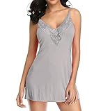 KUKICAT Nachtkleid Sexy Spitze Damen Satin Nachthemd Träger V-Ausschnitt Babydoll Dessous...