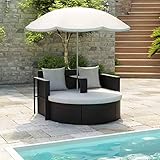 Gartenbett mit Sonnenscrm Braun Poly Rattan, Outdoor-Loungebett mit und Kissen Poly...