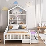 Hausbett Kinderbett Jugendbett 200x90 Funktionsbett mit Bücherregal Ablage mit Fallschutz...