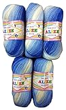 5 x 100g Babywolle Bebe Batik blau dunkelblau weiss Nr. 3481, 500 Gramm Wolle zum Stricken...