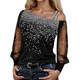 Damen Mit Taschen Paillettenbluse Splice Print Cold Tops Sleeve Loose Mesh T-Shirt Lange...