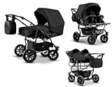 Zwillingswagen Mikado Kinderwagen - 3 in 1- Set Wanne Buggy Babyschale Schwarz