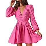 Apooke Babydoll Kleid Langarm Kleid Damen Sommer Freizeitkleid Minikleid Mit Tiefem V...