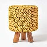 Homescapes Kleiner runder Strick Sitzhocker mit Holzbeinen, senf Fußhocker 32 x 32 x 42...