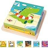 Japace Würfelpuzzle, 3D Bildwürfel Puzzle Spiele 6 in 1 Tier-Motive Holzpuzzle für...