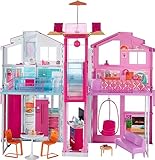 Barbie DLY32 - Stadthaus mit 3 Etagen, zusammenklappbar, viele Zubehörteile, Puppenhaus...