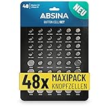 ABSINA 48er Pack Alkaline & Lithium Knopfzellen - 4X AG1 / 4X AG3 / 8X AG4 / 8X AG10 / 8X...