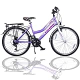 Talson 24 Zoll Kinderfahrrad 21-Gang Shimano Drehgriffschaltung Lila-Weiss mit Beleuchtung...