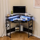 COSTWAY Eckschreibtisch mit Ladestation, dreieckiger Winkelschreibtisch mit LED,...