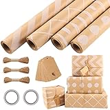 4 Rolle Geschenkpapier, 43 x 300cm/Rolle Geschenkpapier Set mit 2 Klebeband 3 Hanfseil 20...