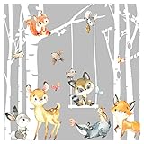 Grandora Wandtattoo Wandsticker Kinderzimmer Tiere Wald Birkenstämme Wandaufkleber...