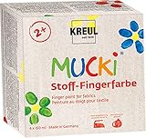 KREUL 28400 - Mucki leuchtkräftige Stoff - Fingerfarbe, 4 x 150 ml, gelb, rot, blau,...